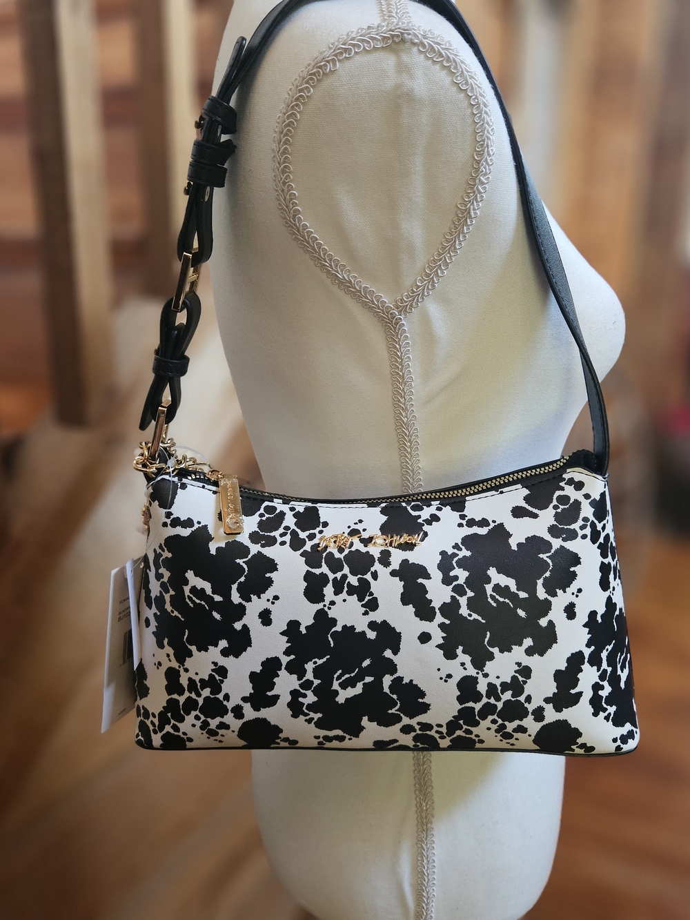 Betsey Johnson Black and White Cow-Print Shoulder Bag